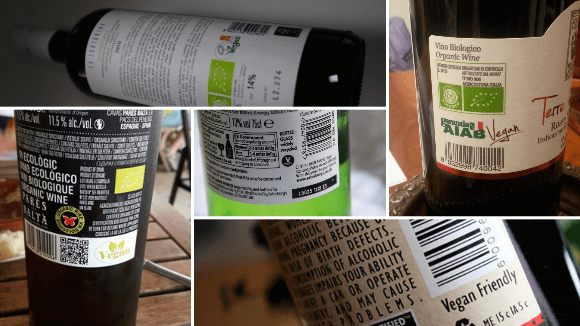 Example of wine labels, saying wines are suitable for vegans.