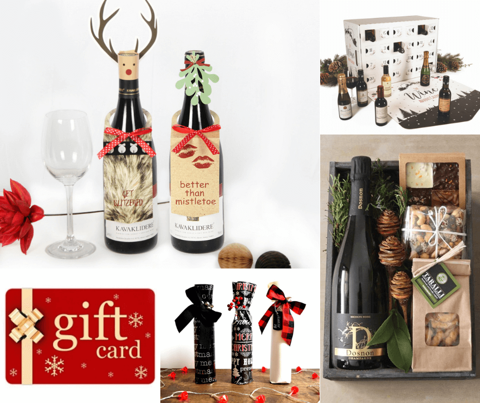 Christmas themed gift sets, wrappings, and wine packaging
